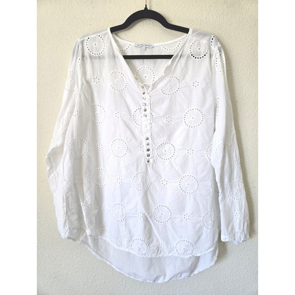 Tempo Paris Womens L Blouse White Eyelet Cotton Long Sleeve Top Coastal Beach - Picture 8 of 8